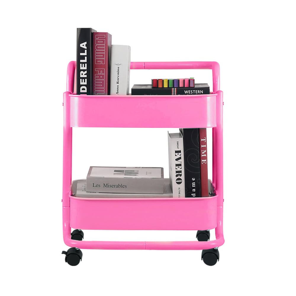 Melody House 2-Tier Metal Mesh Rolling Cart Storage Organizer with Utility Handle and Wheels, Multi-Functional Storage Trolley for Office Living Room Kitchen, Pink