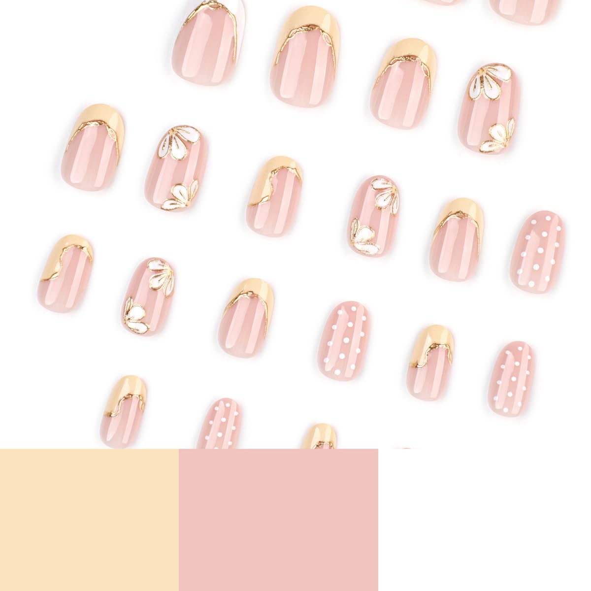 French Tip Press on Nails with Gold Line & White Flower Designs, Short Oval Cute Polka Dot Fake Nails, Spring Summer False Nails, Reusable Stick on Nails for Women Manicure 12 Sizes - 24 Pcs