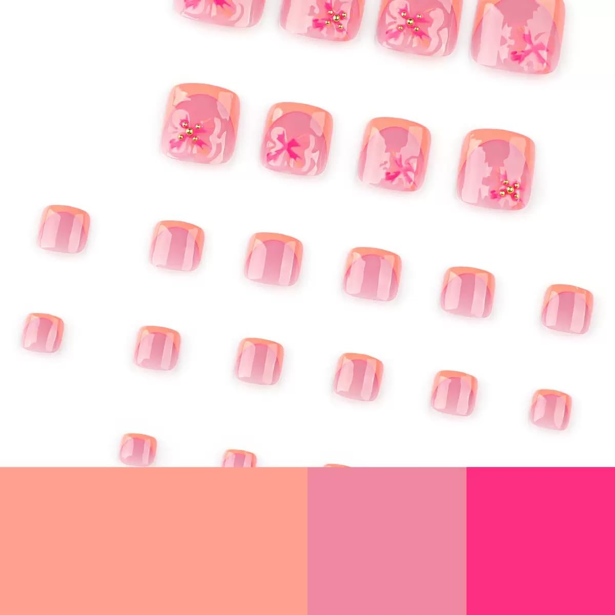 CTTHNBD Press on Toenails - Orange French Tip Fake Toenails with Flower Design - Golssy, Summer False Toe Nails for Women - 24 Pcs