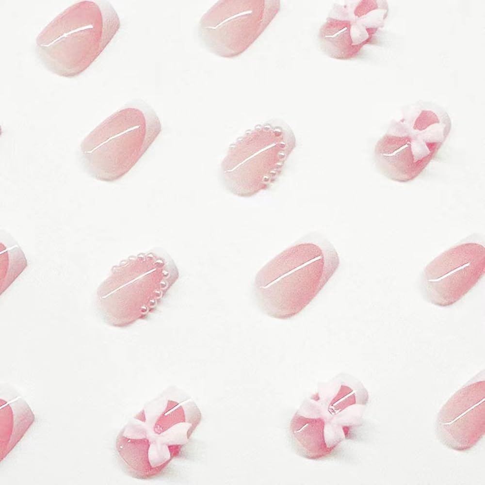 Short Press On Square Fake Nails - White French Tip, Pearl Bow Charms Design - Glue On, Glossy Full Cover Stick On Nails - 24 Pcs