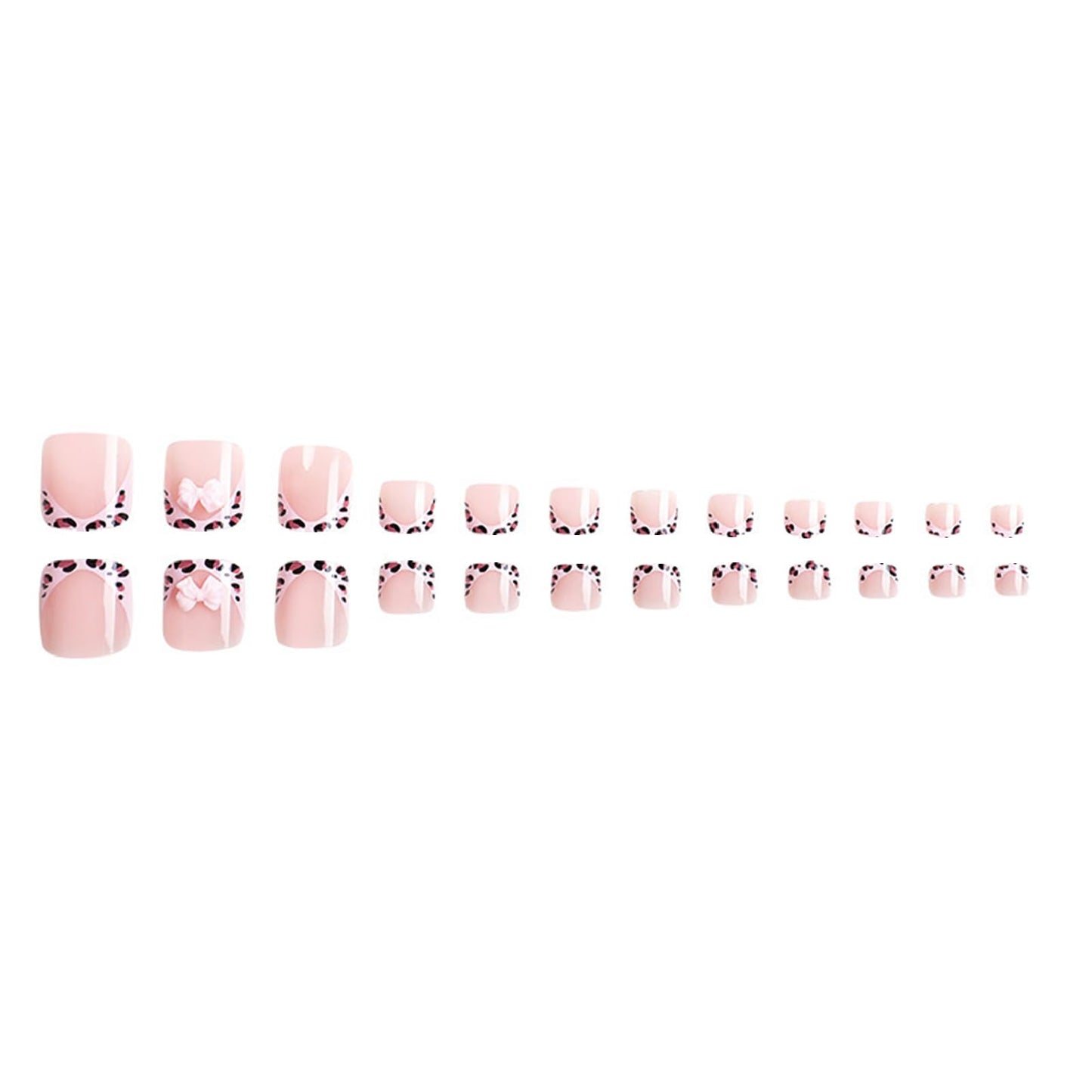 Leopard Print Bow Press-On Toenails Square False Toenails Cute 3D French Bow Design Bright Pink Acrylic Full Cover Toenail Stickers Women Girls Toenail Decorations 24 pcs