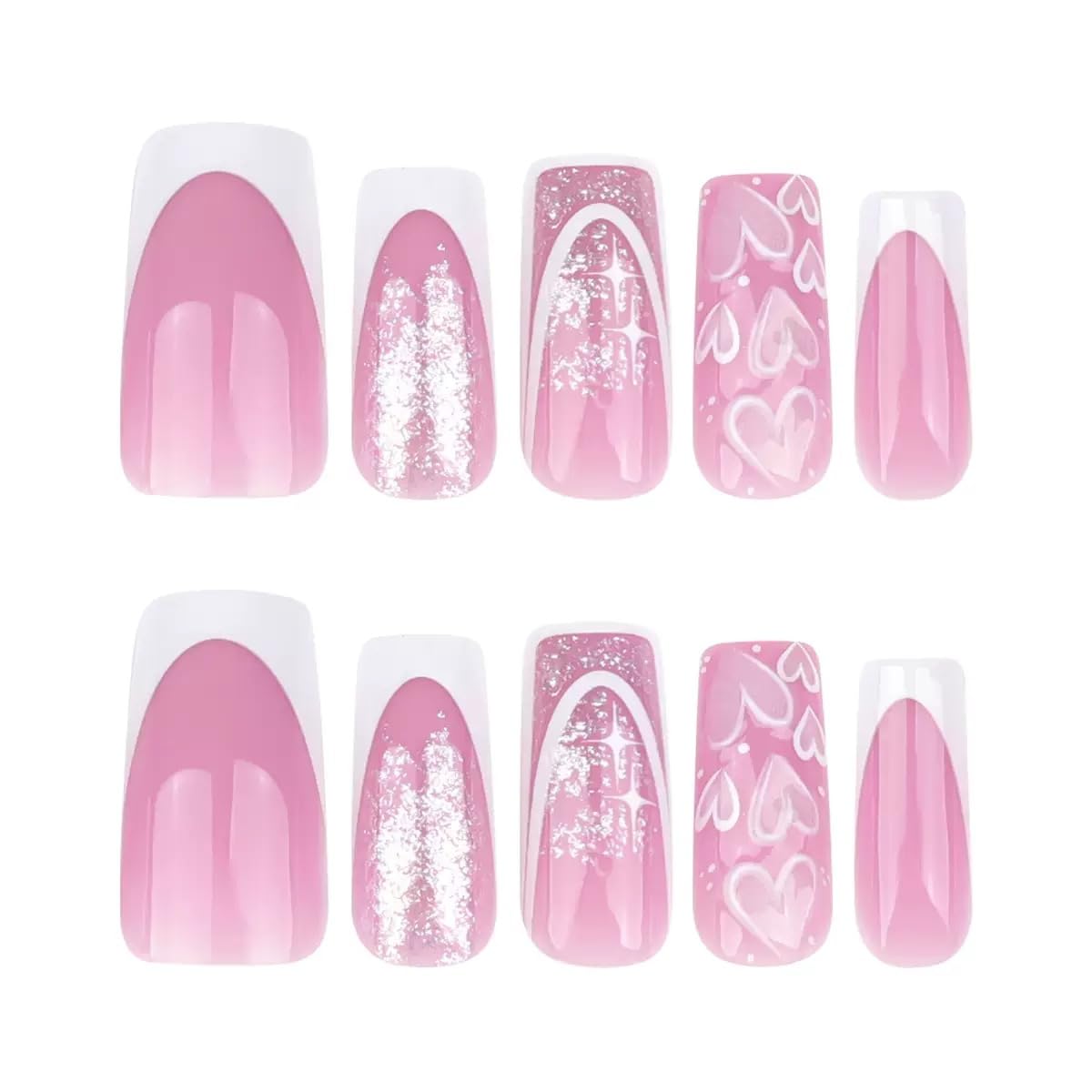 CTTHNBD Press on Nails Square - Medium Pink Fake Nails with Heart Desgin - White French Tip False Nails Press ons - for Women 24 Pcs