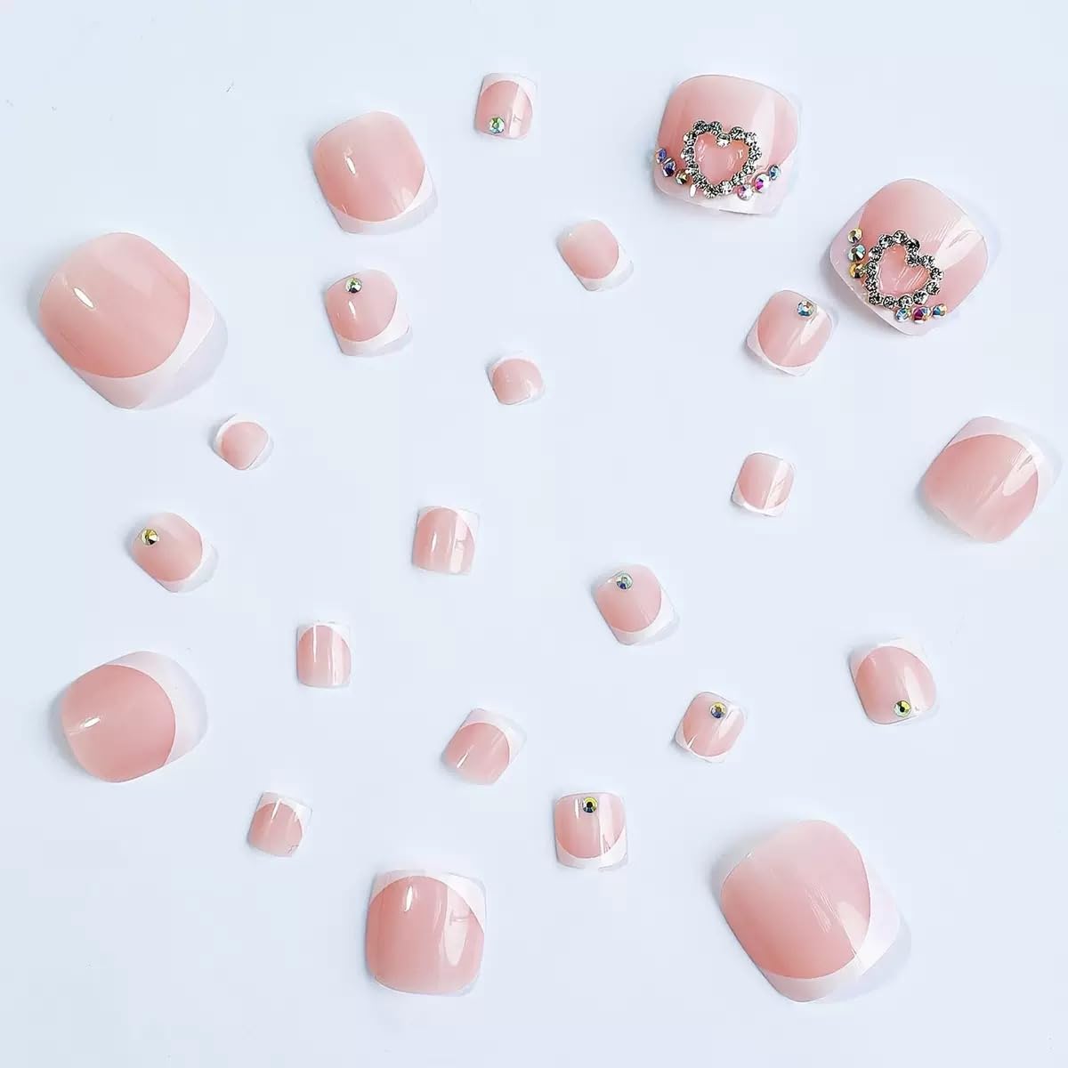 CTTHNBD Press on Toenails - White French Tip Fake Nails with Heart Design - Summer, Short Square Press on Toe Nails - for Women 24 Pcs