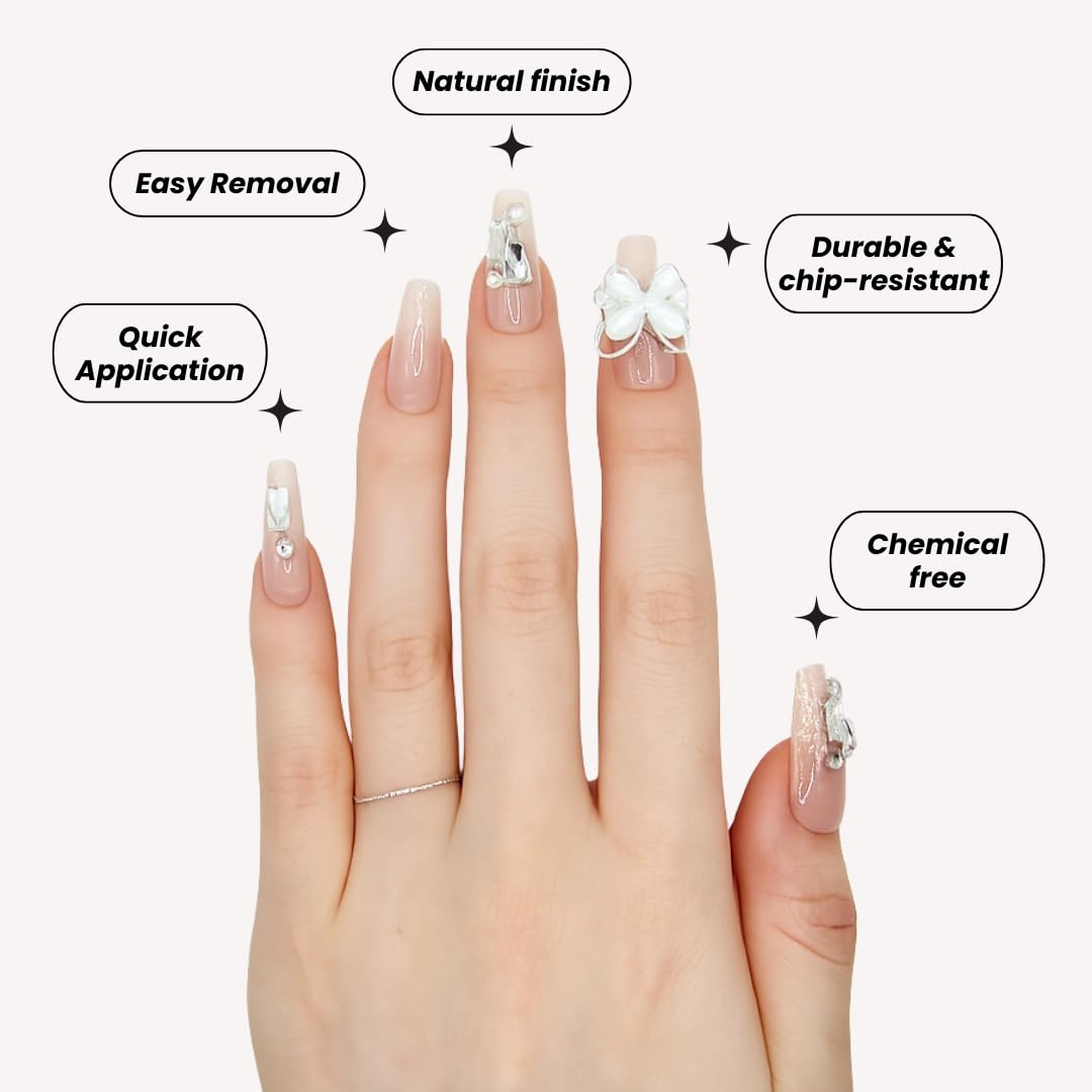 Votrenaeil Press On Nails - Moonlit Wings | No Glue Long Coffin Nude Glitter Nails with 3D Butterfly for Wedding - 24 Pcs Nail Kit with Adhesive Tabs