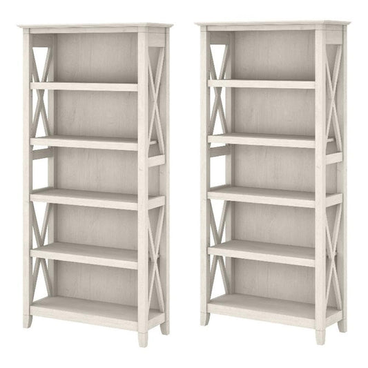 Bush Home Key West 5 Shelf Bookcase - Set of 2 | Tall Bookshelves in Linen White Oak | Sturdy Display Shelves for Library, Living Room, and Home Office