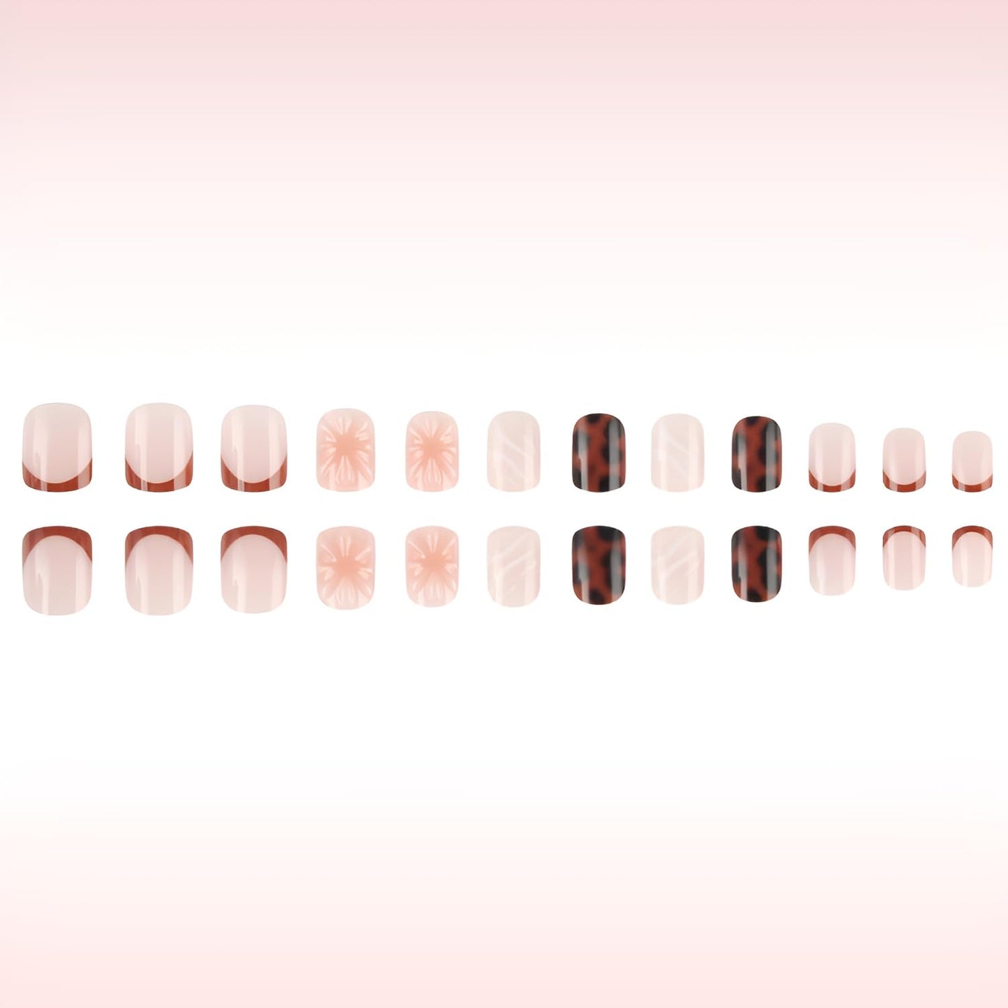 24Pcs Short Square Fake Nails 3D Flower Press on Nails Brown French Tip Stick on Nail Leopard Print Nails Press Ons Glossy False Nails Acrylic Stick on Nail for Women Decorations Set
