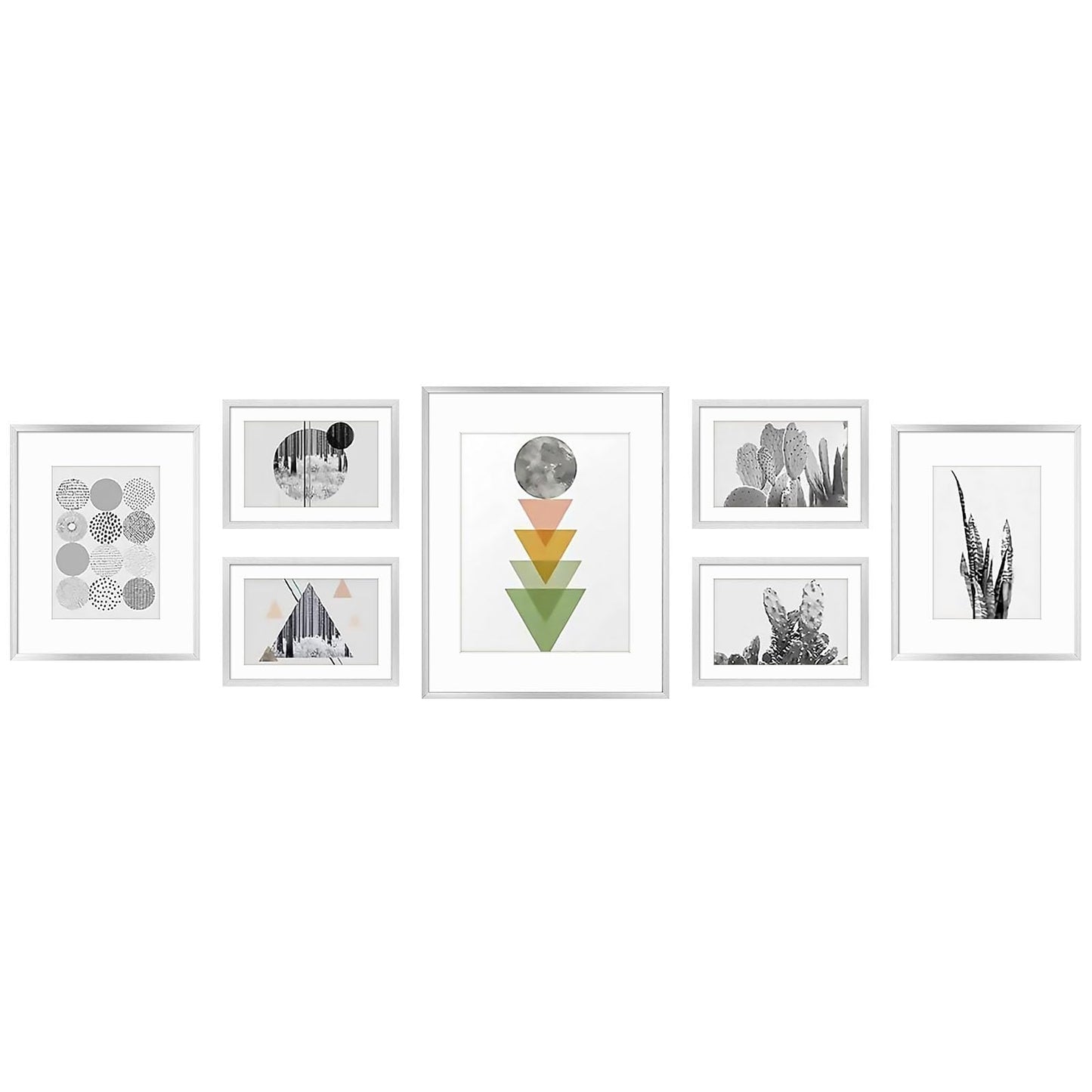 Golden State Art, Aluminum Gallery Wall Frame Set of 7 - Includes One 11x14, Two 8x10, and Four 5x7 - Metal Frames with Mat & Real Glass Cover for Elegant Home or Office Decor (Style 2, Silver)