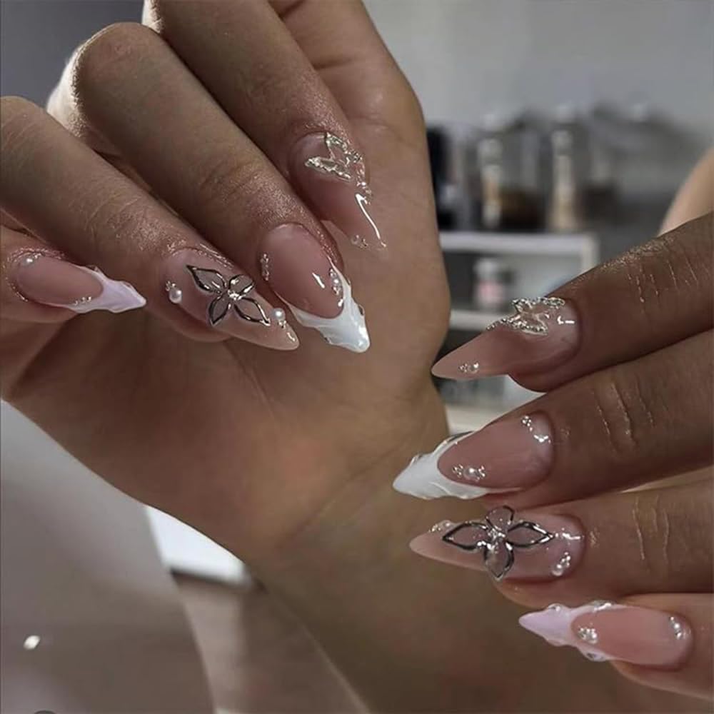 French Tip Press on Nails Medium Almond Fake Nails with Glossy Bow Designs Silver Flower False Nails Sppring Holiday Nails Press ons Reusable Full Cover Glue on Nails Artificial Nails for Women