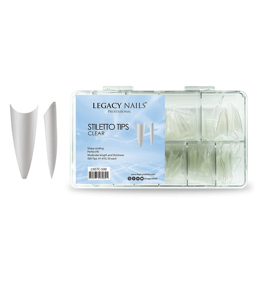 Legacy Nails Professional Nail Tips - Ideal for Acrylic, Gel or Smart Builder Gel Nails (Stiletto, Clear)