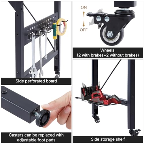 48" Adjustable Height Workbench with Pegboard, Work Benches for Garage, Heavy Duty Wood Top Work Bench with Wheels, 2000 LBS Load Capacity, Rolling Work Table with AC/USB Outlet Storage Shelf Hooks
