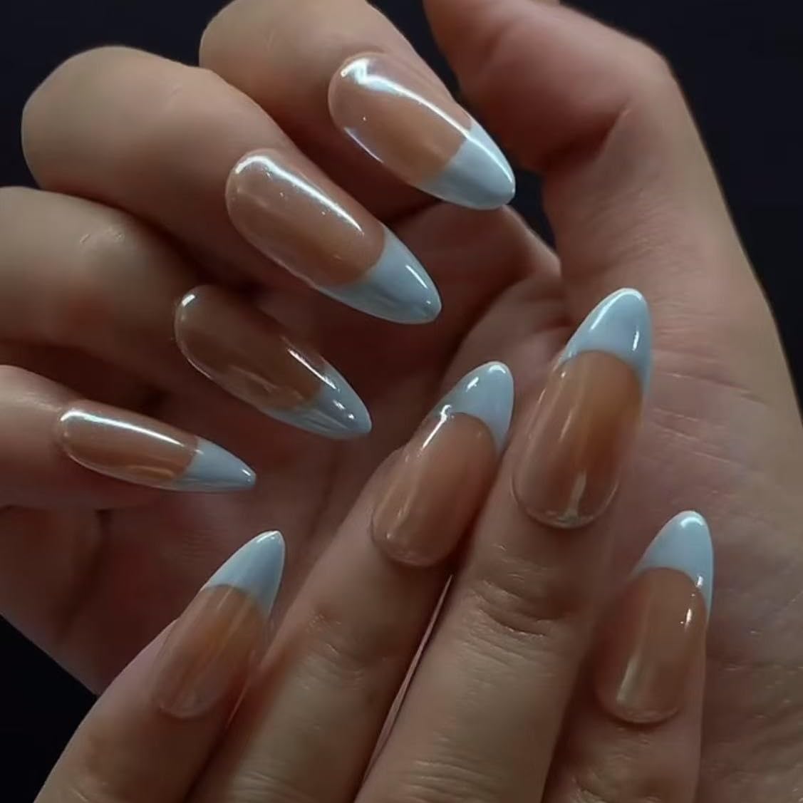 Handmade blue French tip Press on Nails long style Almond Fake Nails with Glue Full Cover Glossy False Nails Stick on Nails for Women Manicure Aurora Powder Decoration 10PCS (MT-136-M)