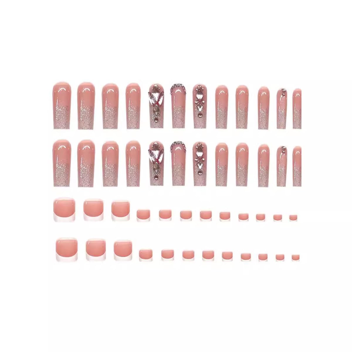 48Pcs White French Tips Press on Toenails & Long Square Press on Nails with Rhinestones, Long Square Glitter French Tip Fake Nails, Bling Glue on Nails for Women Wedding Party Manicure