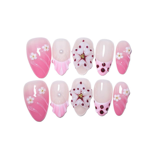 10Pcs Short Almond Handmade Press On Nails | Pink Ombre with Seashell, 3D Floral & Pearl Decor | Reusable Salon-Quality Fake Nails for Women and Girls(PZ01, XS)