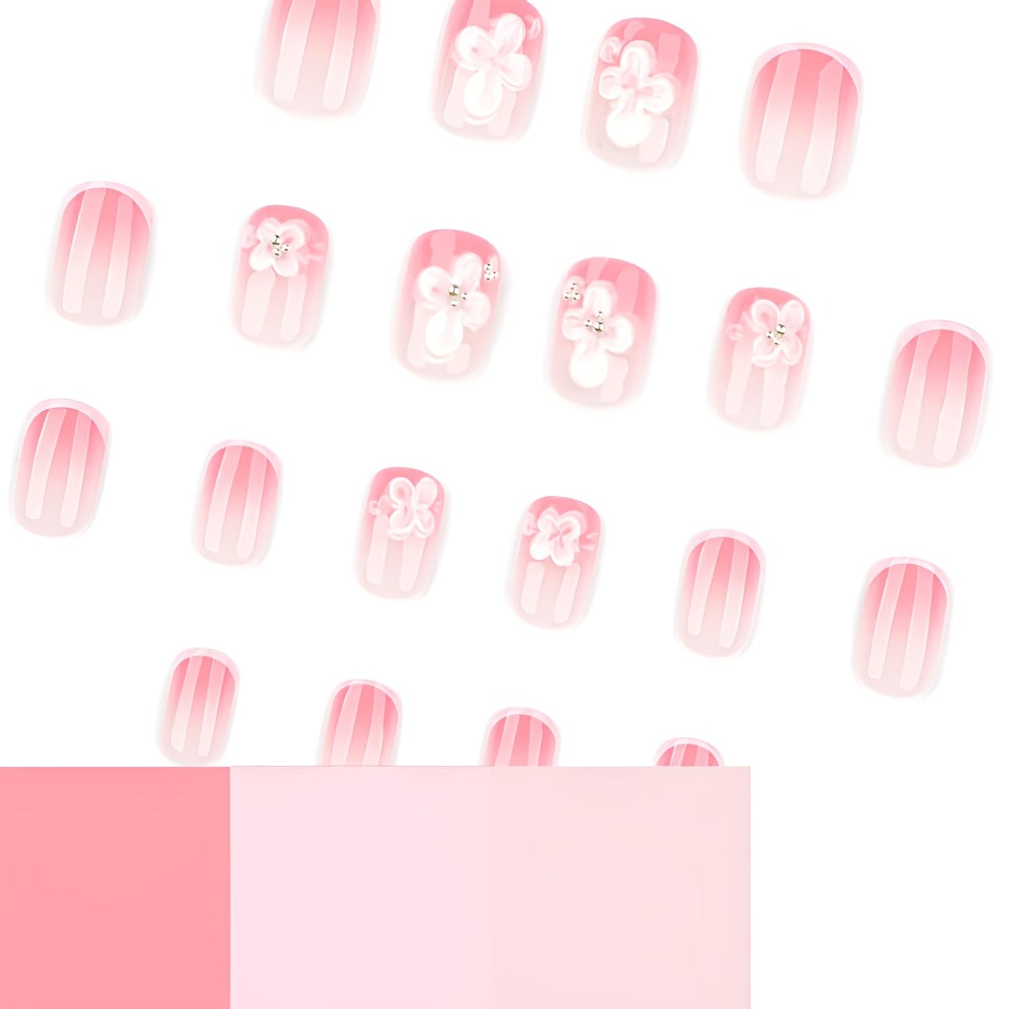 24Pcs Flower Press on Nails Short Square Fake Nails 3D pink Flower False Nails French Tip Nails Press Ons Glossy Full Cover Glue on Nail Gradient Stick on Nail for Women Decoration Set