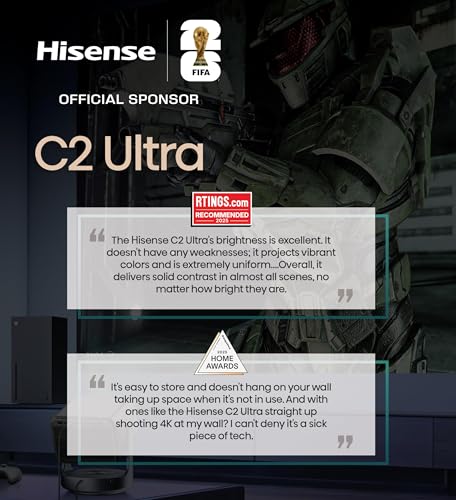 Hisense C2 Ultra, Triple Laser Smart Portable Projector, 4K UHD, 3,000 Lumens, 65” – 300”, Dolby Vision, IMAX Enhanced, Sound by JBL, Netflix Included, Designed for Xbox, Optical Zoom