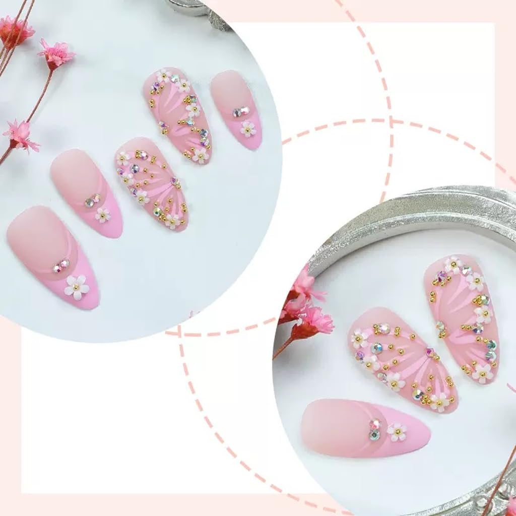 CTTHNBD Medium Press on Nails Almond - Pink Fake Nails with Butterfly Flower Design - French Tip Stick on False Nails - for Women 24 Pcs
