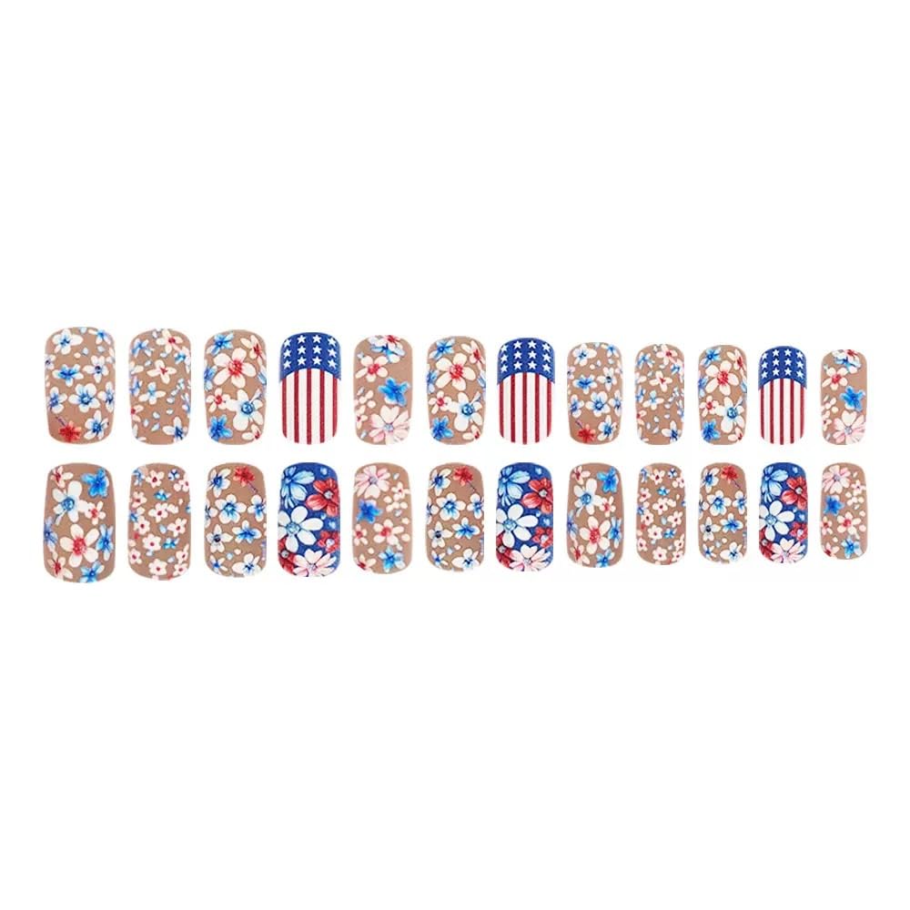 4th of July Press on Nails Medium - Square Fake Nails with Flower Design - American Flag, Independence Day False Nails - for Women 24 Pcs