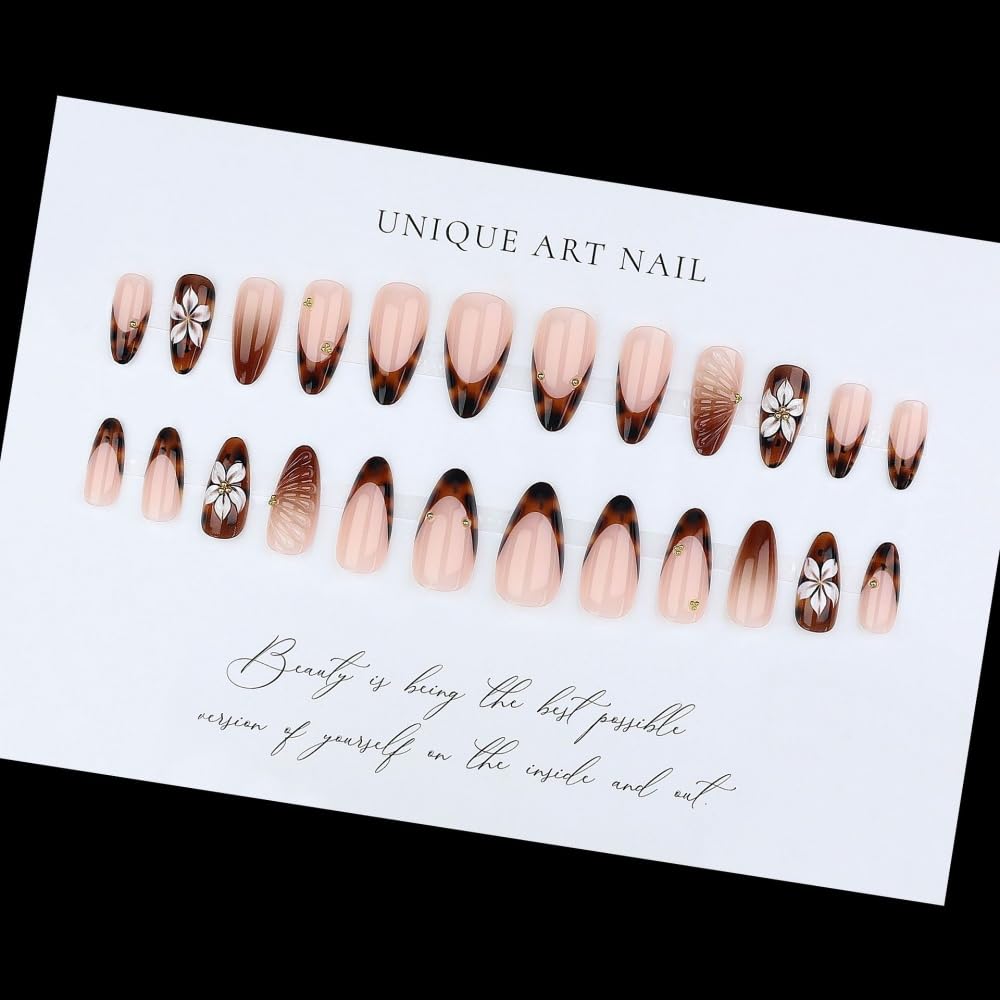 Almond Press on Nails Medium Glue on Nail with 5D Rhinestones Flower Charm Design Glossy Tortoise Shell French Tips Acrylic Nails Ombre Brown Fake Nails Fall Winter Nail for Women Manicure 24Pcs