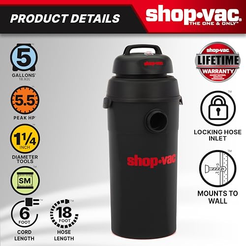 Shop-Vac 9522205 5 Gallon 5.5 Peak HP Hangup Wet/Dry Vacuum, 1.25 Inch Diameter x 18 Foot Hose, 6 Foot Cord, Wall Mount Included, Ideal for Garage, Workshop & Home