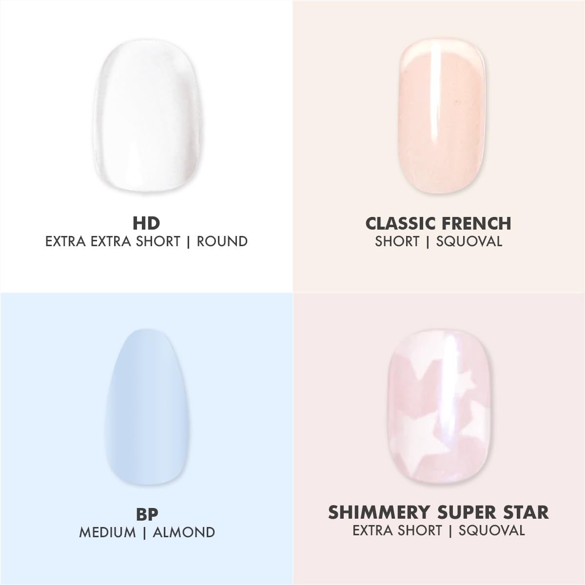Olive & June Glue Press On Bestsellers Kit | Includes 4 Fake Nail Sets (HD Crisp White, Classic French, Shimmery Super Star, BP Icy Blue) | Realistic Look, Non-Damaging Glue, Up to 14-Day Wear