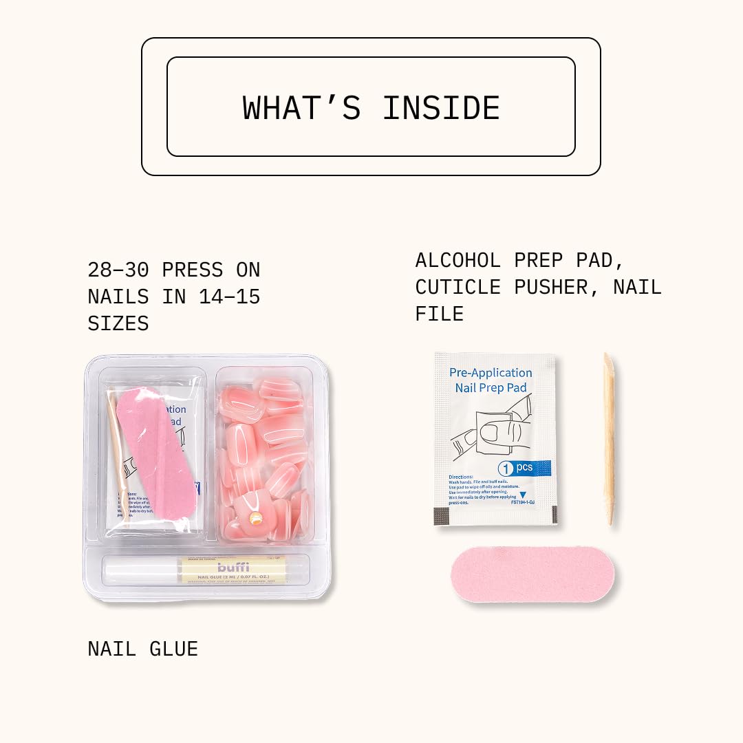 BUFFI Press-On Nails First Kiss - Short Round Oval Nail Tips in Red Crescent Half-Moon Design - Classic Y2K-Inspired Fake Nails with Glue - 28Pcs False Nails Kit with Nail File, Prep Pad & Stick