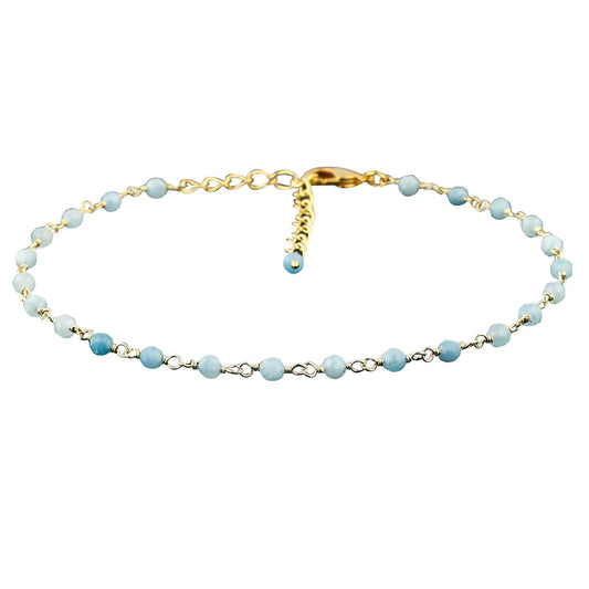 JOR Natural Aquamarine Beaded Rosary Anklet, Handmade Craft, Anklet Beads Bracelet, Chakra Healing Anklet, Gemstone Women Jewelry, Dainty Gold Plated Anklet 9 inch + 1.5 inch (1pcs)
