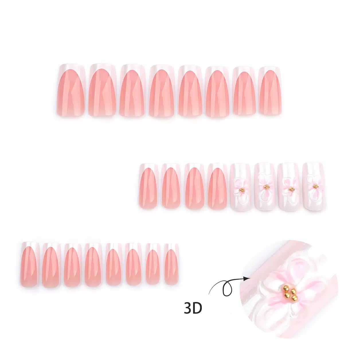CTTHNBD Square Press on Nails - White French Tip Fake Nails with Flower Design - Ombre, Medium False Nails Press ons - for Women 24 Pcs