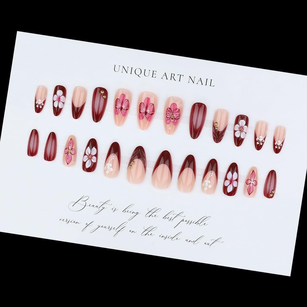 French Tips Press on Nails Medium Almond Fake Nails with Red Flower Charm Design Glossy Ombre Red Glue on Nail Floral Nails Press ons Reusable Full Cover Spring Summer Nail for Women Manicure 24Pcs