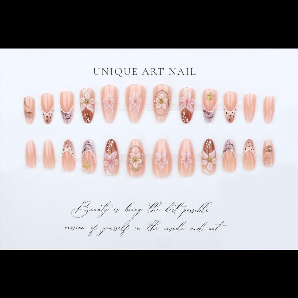 Polka Dots French Tips Press on Nails Medium Almond Nails Press on with 5D Flower Charm Design Glossy Marble Glue on Nails Gold Gilding Fake Nail Fall Winter Brown Nail for Women Manicure 24Pcs
