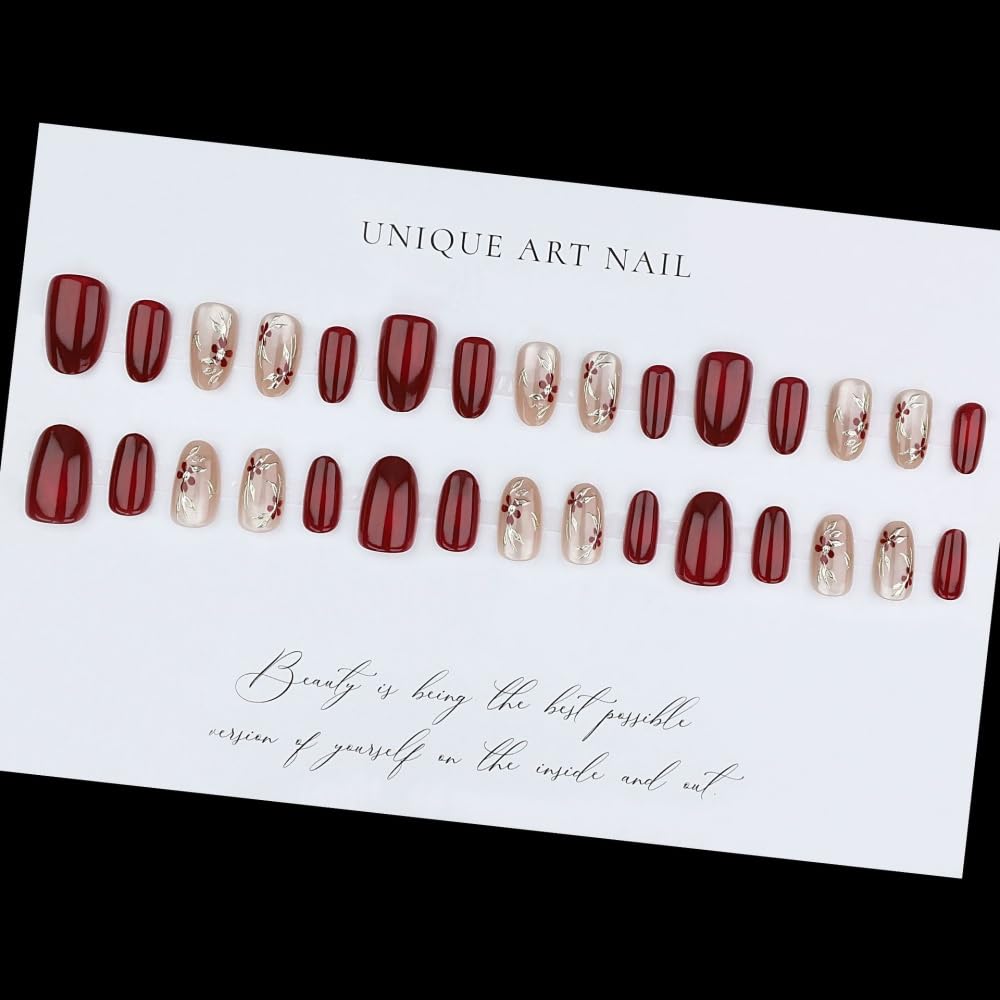 Cat Eye Press on Nails Short Almond Fake Nails with 3D Gold Flowers Design Glossy Red Glitter Glue on Nail Floral Nails Press ons Reusable Full Cover Spring Summer Nail for Women Manicure 24Pcs