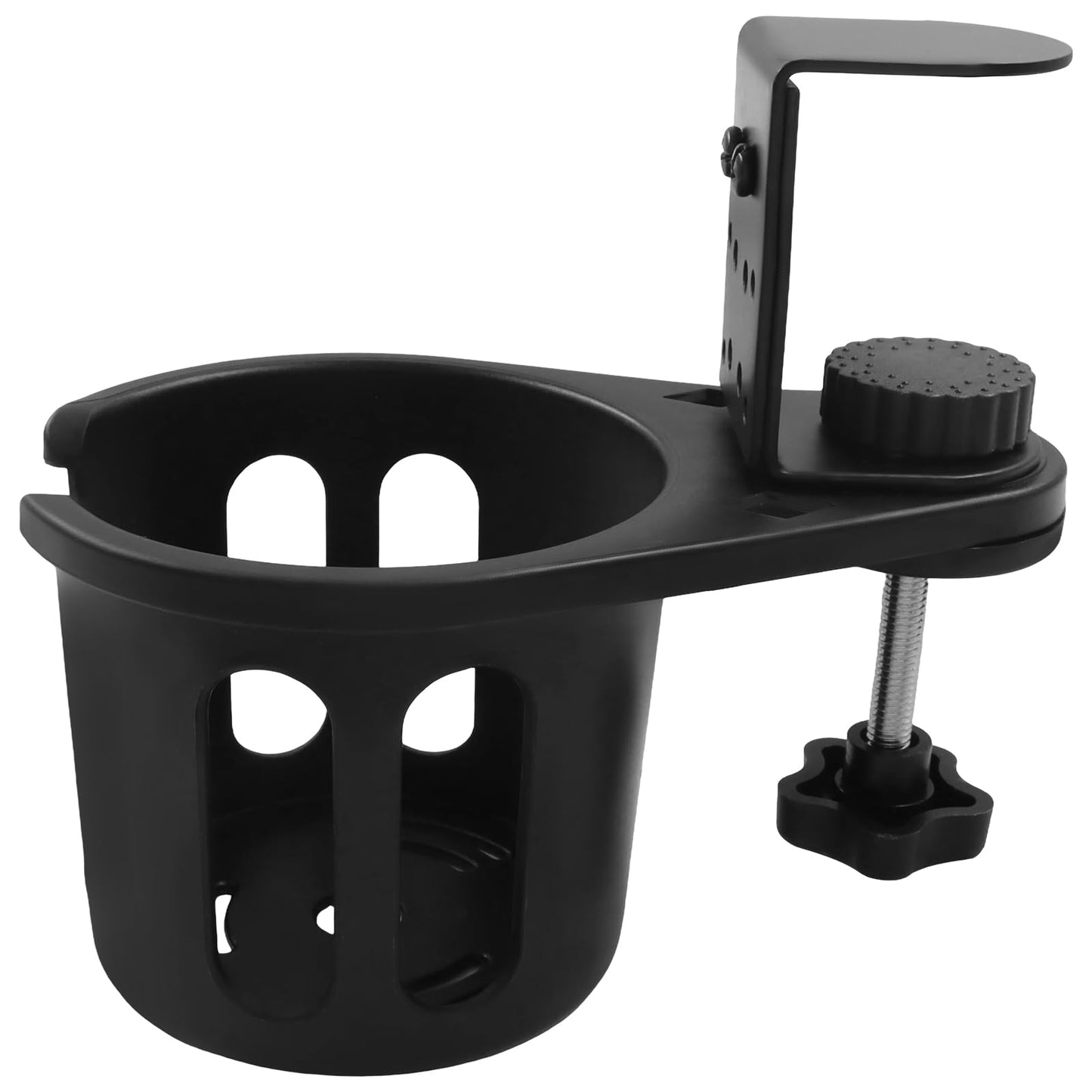 Bonsicoky Desk Cup Holder, 360° Rotating Anti-Spill Clamp-On Drink Holder, 3.74 Inch Inner Diameter, 3.5 Inch Deep Black Plastic Cup Stand for Office & Gaming Desk