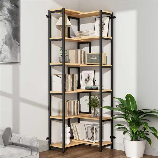 VGUOORG 6 Tier Corner Shelf/Bookshelf, Deformable L Shaped Bookcase, Modern Tall Storage Display Rack with Sturdy Metal Frame for Home Office (Light Natural Wood Color)