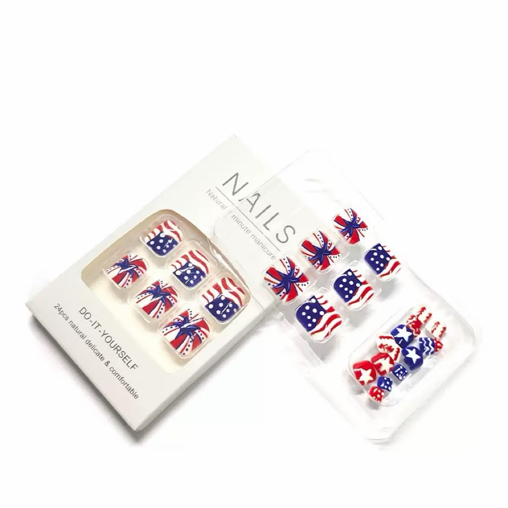 CTTHNBD Press on Toenails - 4th of July Fake Toenails with Star Line Design - Blue, Red, Independence Day Press on Toe Nails for Women - 24 Pcs