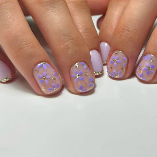 Generic Short Press on Nails Mummer Square Acrylic Nails Purple Flower Designs Cute French Tip Artificial False Nails Press ons Reusable Stick on Nails Summer Glue on Nails 24Pcs