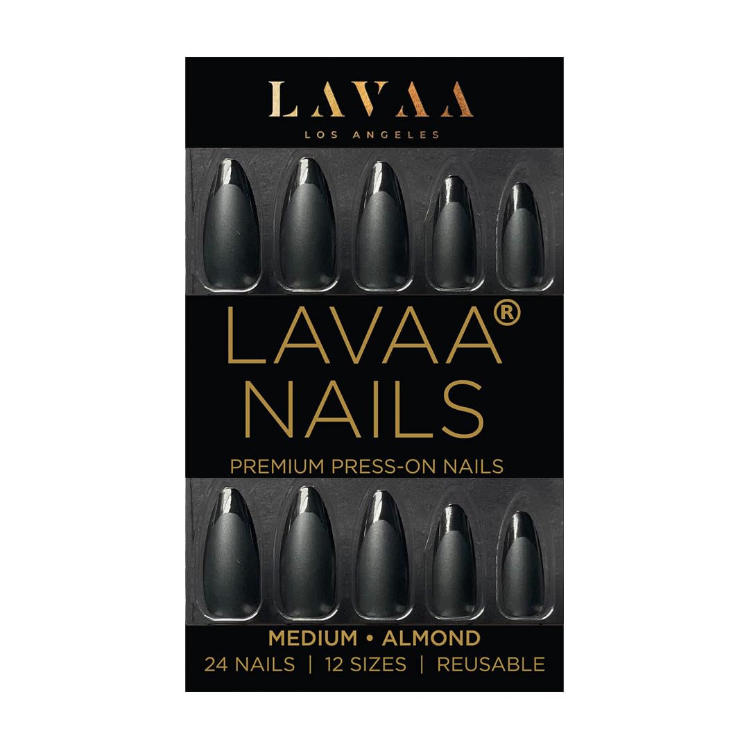 CLASSIC BLACK Press-On Nails by Lavaa Beauty | Medium Almond | Matte with Glossy Black Tip