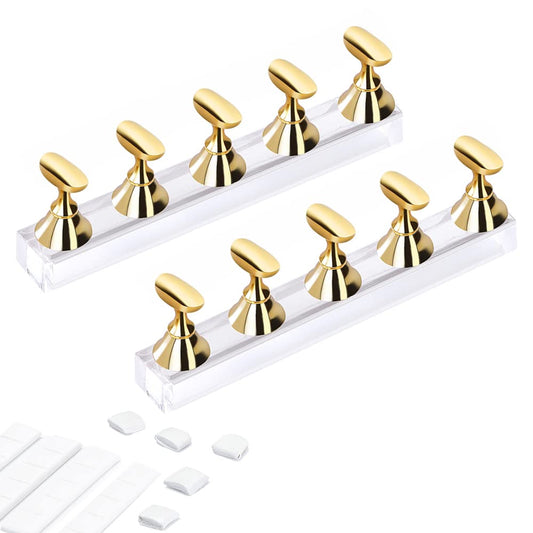 Etercycle Acrylic Nail Display Stand DIY Nail Crystal Holder Magnetic Practice Stands with Reusable Adhesive Putty Clay for False Nail Tip Manicure Tool (2 Gold)