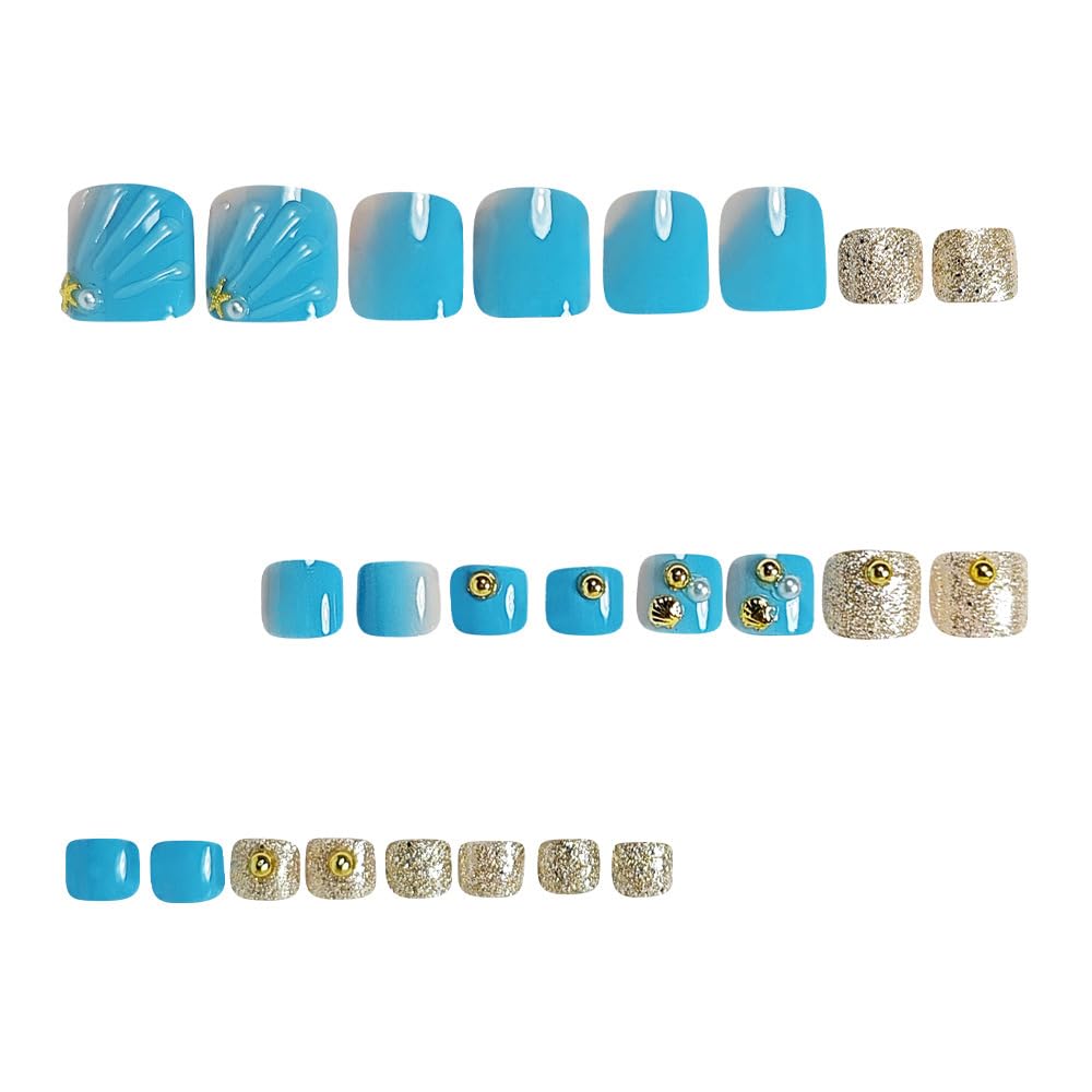 Summer Press on Toenails Beach 3D Waves Fake Toe Nails Cute Ocean Acrylic Toenails with Gold Shell Pearl Designs Glossy Blue Artificial False Toe Nails for Women Girls Manicure Deco 24Pcs