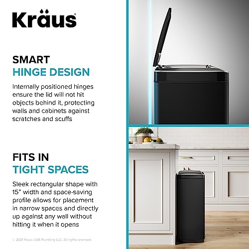 Kraus GarbagePro Rectangular 13 Gallon Hands-Free Motion Sensor Trash Can Battery Operated in Matte Black Finish with SoftShut Touchless Lid, KTCS-10MB
