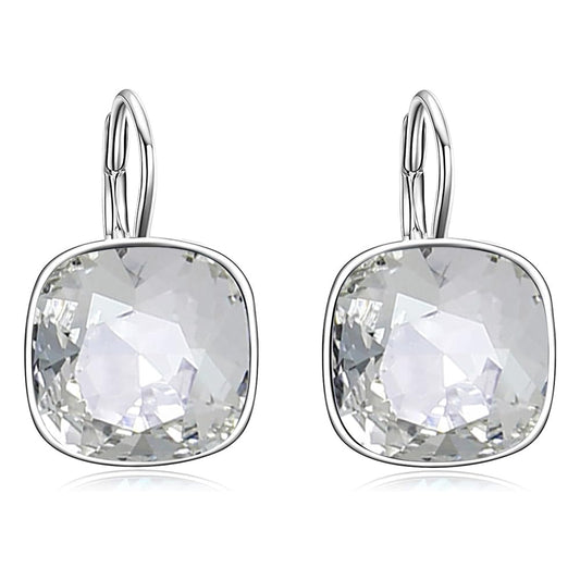 AOBOCO Sterling Silver Leverback Earrings with Crystals, Hypoallergenic Cushion Cut Square Crystal Earrings, Fine Anniversary Birthday Jewelry Gifts for Women, White