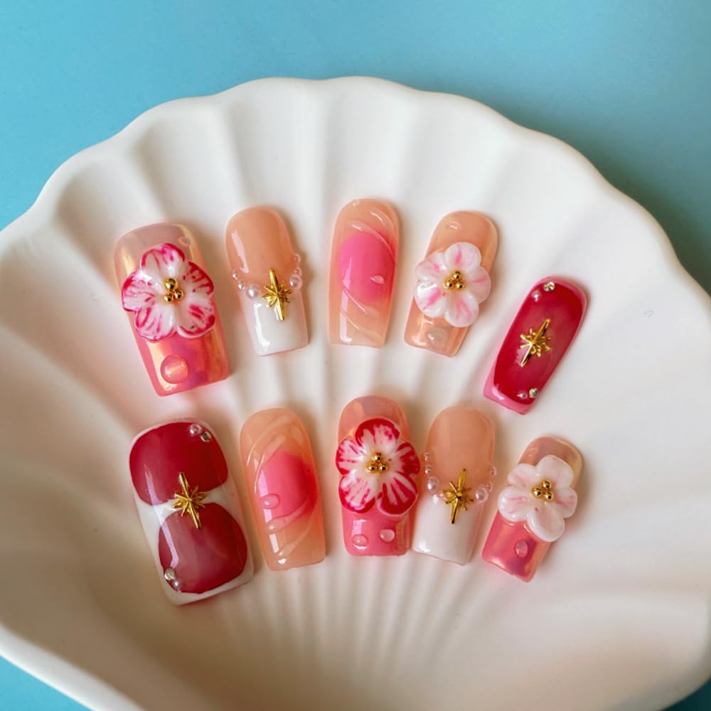 Haozerart Handmade Acrylic Press on Nails, Medium Square French Tip Fake Nails, Glossy Pink with 3D Floral & Pearl Design, Salon Quality Reusable Nails, 10Pcs (M Size)