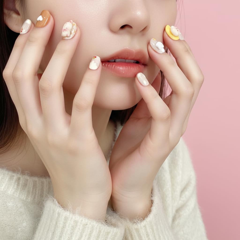 Avilux Press On Nails – Handmade, Reusable, 3D Designer Nail Art, 10Pcs Fake Nails for Women and Girls, Perfect for Holidays, Parties & Gifts (Cute Pig, Medium)