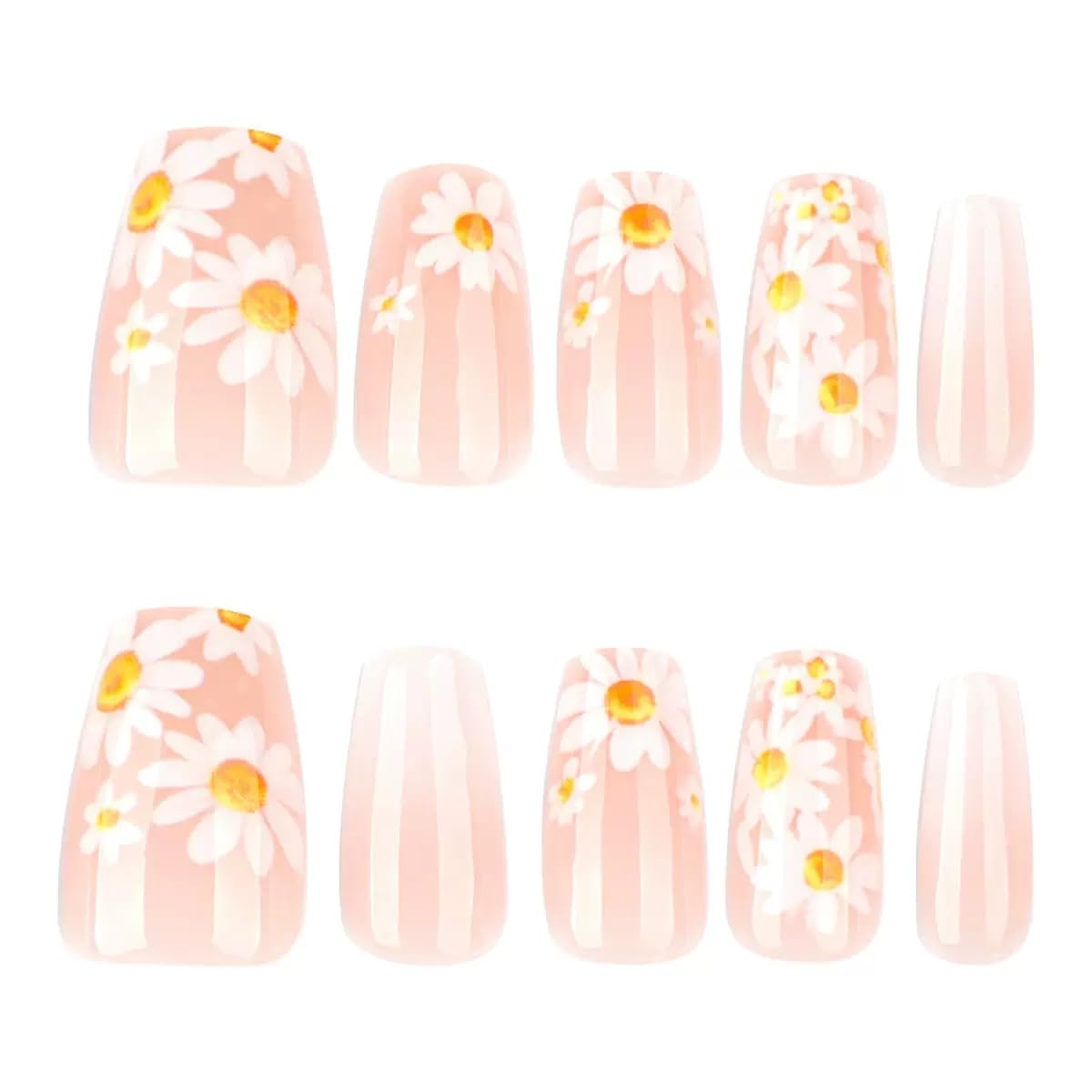 Medium Press on Nails Coffin - Flower Fake Nails with Daisy Design - Summer Full Cover Stick on False Nails - for Women 24 Pcs