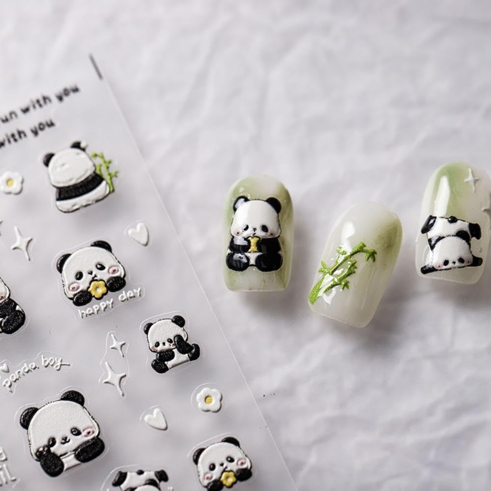 Panda Nail Stickers Cartoon Bamboo Nail Decals 5D Embossed Cute Animal Prints Nails Designs 3D Self-Adhesive Spring Nail Art Stickers Summer Nails Decoration Accessories for Women Manicure 1 Sheet