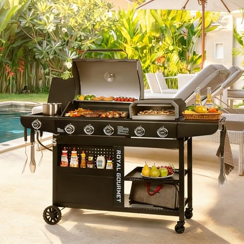 Royal Gourmet ZH3004H 3-in-1 Premium Gas Grill and Pizza Oven Combo with Side Burner, 59,000 BTU, 5-Burner Propane Gas Grill, Pizza Grill Combo, for Backyard, Patio and Outdoor, Black