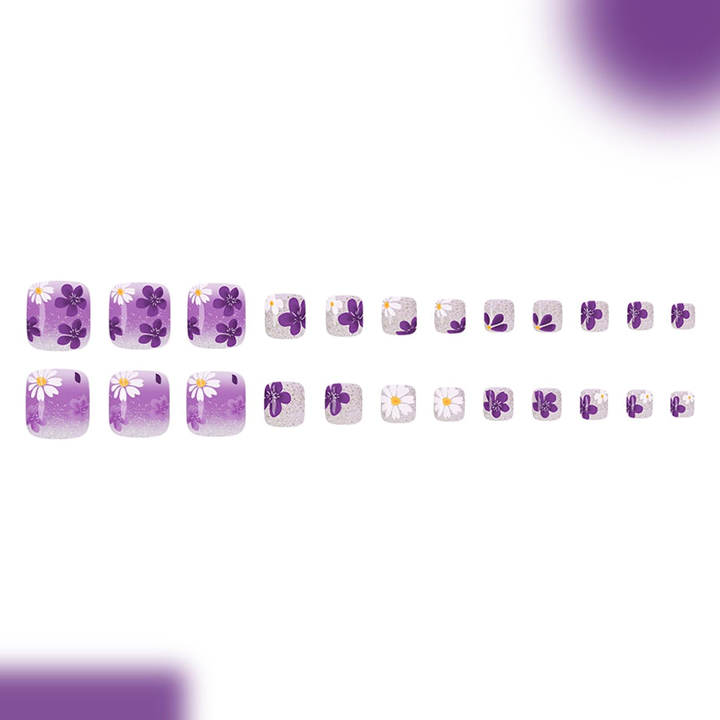 Purple French Press on Toenails,Short Square Fake Toenails with Flower Acrylic Designs,Gradient Glitter Toenails Full Cover Reusable Glossy Stick on Toes Nails for Women Girls 24Pcs