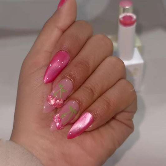 Almond Press on Nails Pink Cat Eye Fake Nails Medium Cherry False Nails Press ons Glossy Cute Acrylic Nails Shiny Summer Glue on Nails for Women Nail Decoration 24Pcs