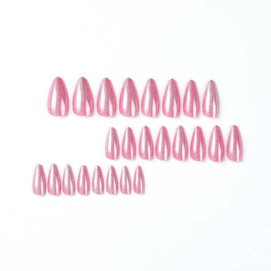 CTTHNBD Press on Nails Almond - Medium Fake Nails with Chrome Colorful Design - Pink False Nails Press ons - for Women 24 Pcs