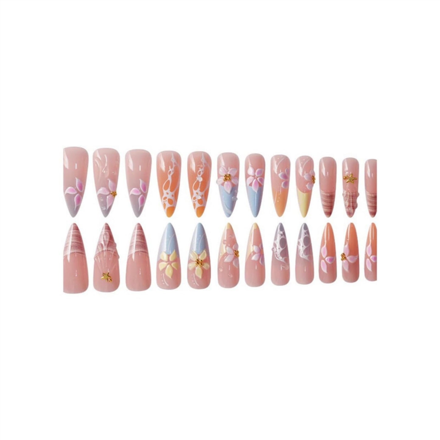 SEENEEY Long Press on Nails Almond Fake Nails French Flowers Artificial Nail with Pink Floral Designs Cute Stick on Nail for Women 24pcs