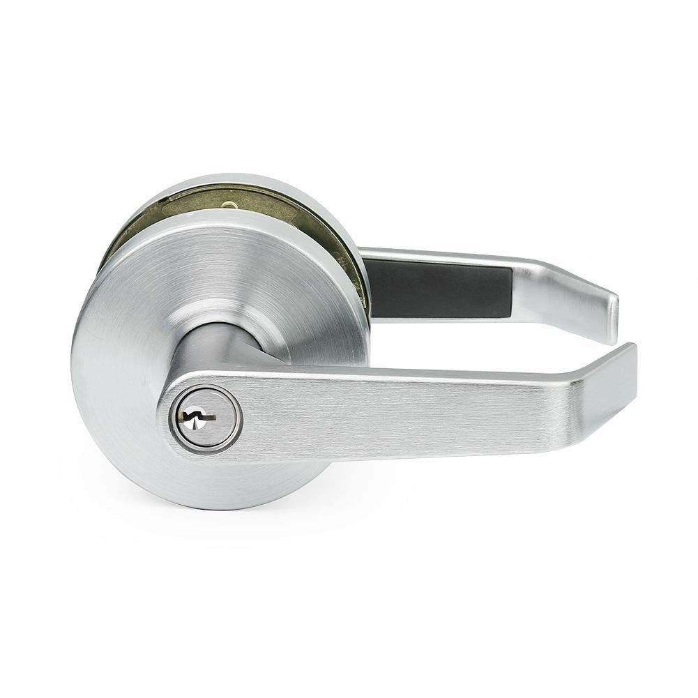 Lawrence Commercial Lever Door Lock - Heavy Duty Locking Commercial Door Handle Keyed Entry, Grade 2 Door Handle with Lock and Key - Brushed Chrome, Storeroom Function Embassy Series