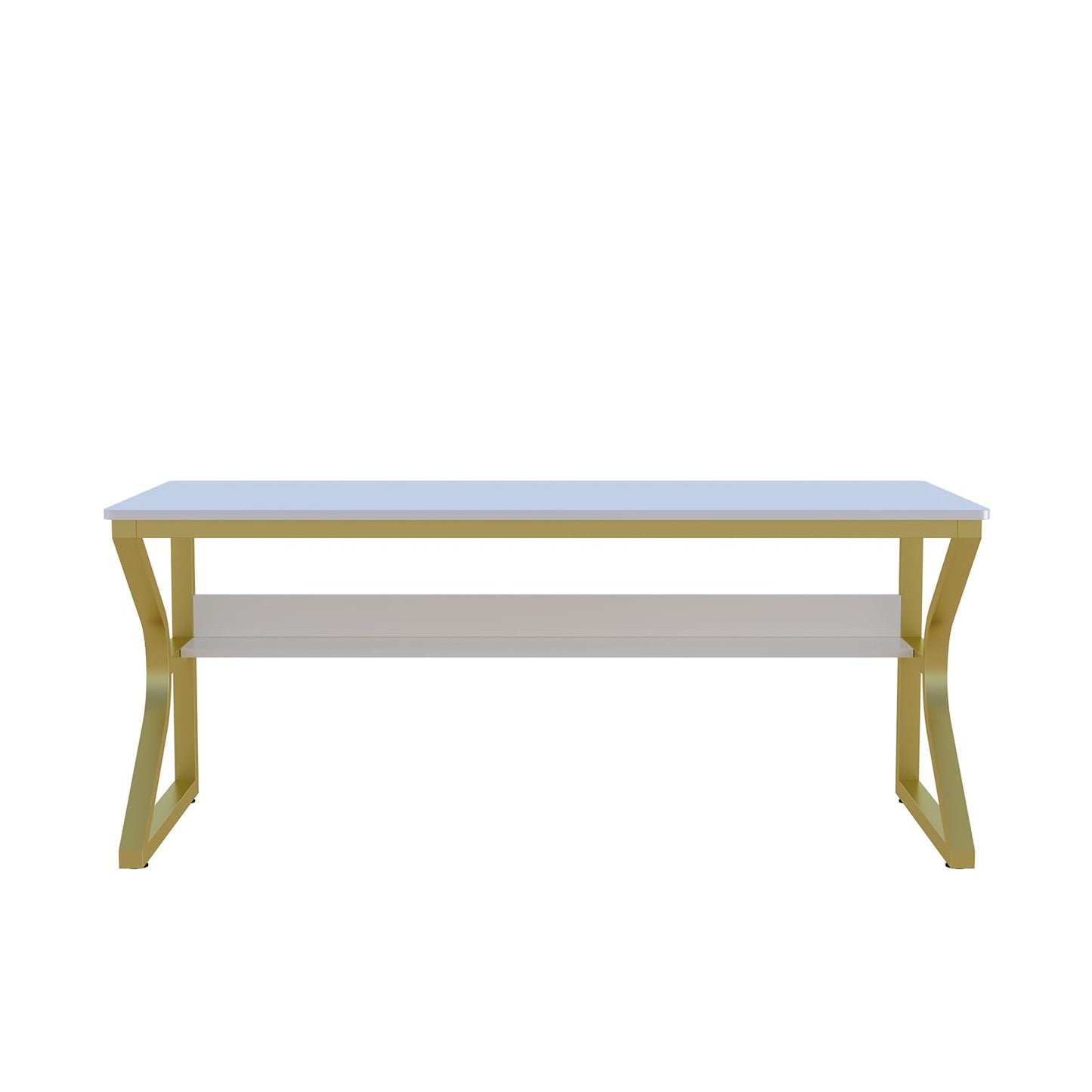 OSCHF Extra Long Desk with Bookshelf - 63" Double Long Writing Table for 2-Person Workstation, Modern Study Work Computer Desk for Home and Office, Gold